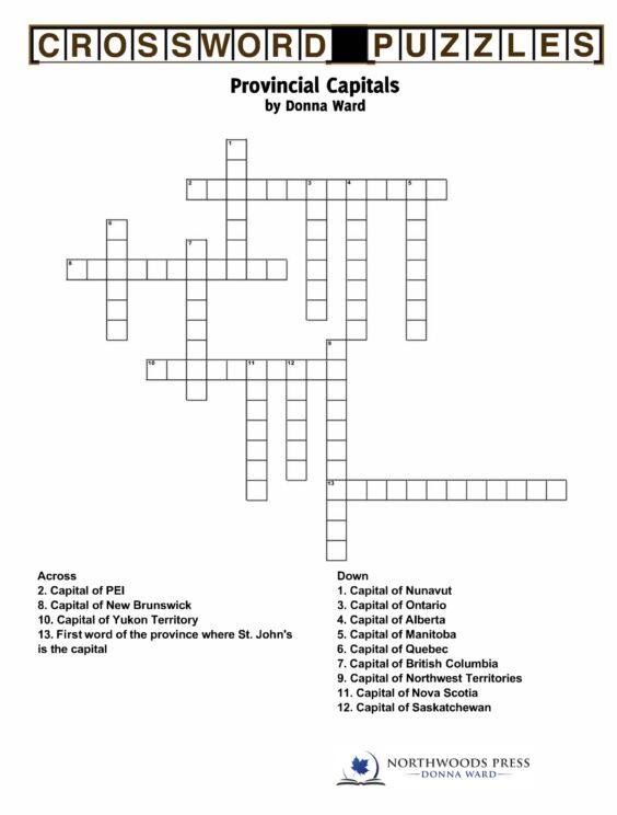 Provincial Capitals Crossword Printable Northwoods Press